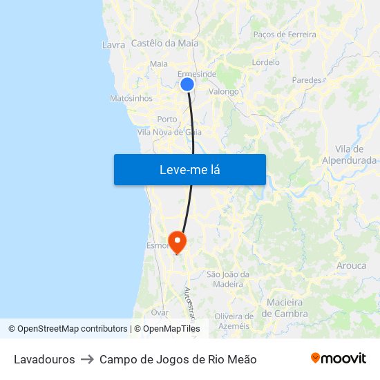 Lavadouros to Campo de Jogos de Rio Meão map