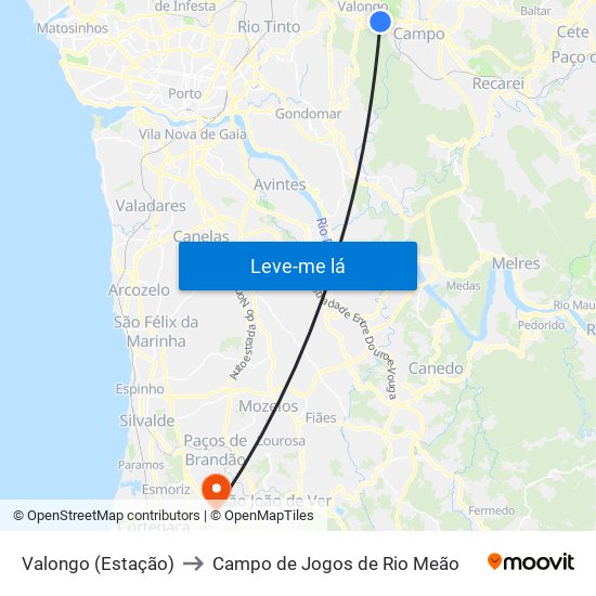 Valongo (Estação) to Campo de Jogos de Rio Meão map