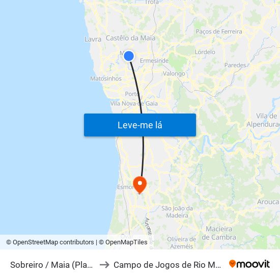 Sobreiro / Maia (Plaza) to Campo de Jogos de Rio Meão map
