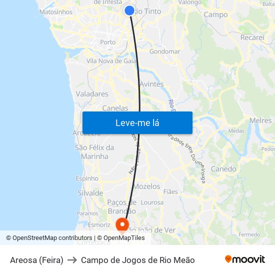 Areosa (Feira) to Campo de Jogos de Rio Meão map