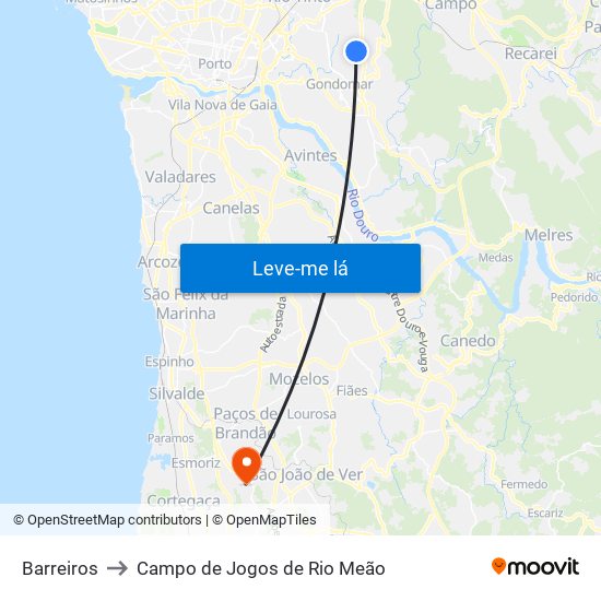 Barreiros to Campo de Jogos de Rio Meão map