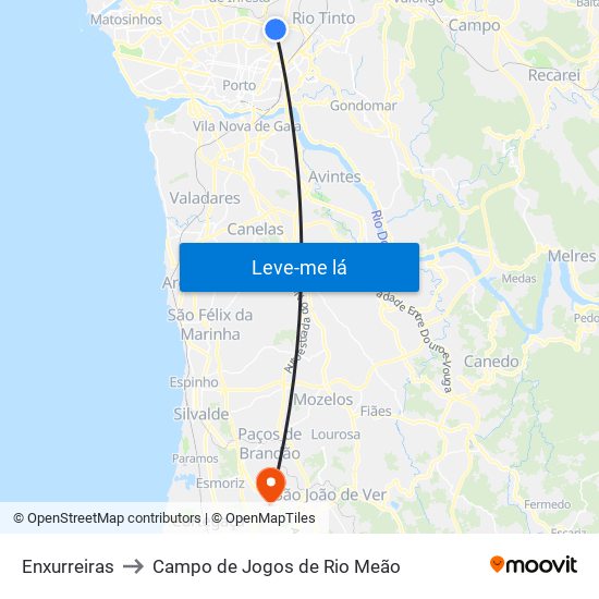 Enxurreiras to Campo de Jogos de Rio Meão map