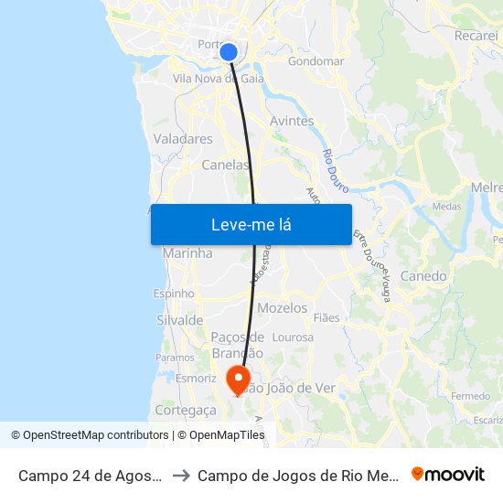 Campo 24 de Agosto to Campo de Jogos de Rio Meão map