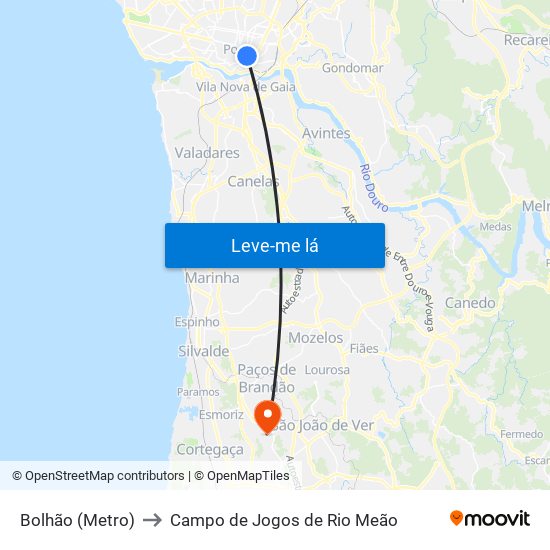Bolhão (Metro) to Campo de Jogos de Rio Meão map