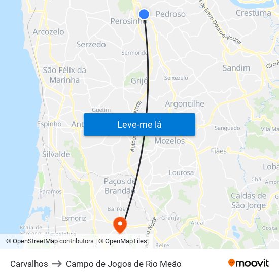 Carvalhos to Campo de Jogos de Rio Meão map