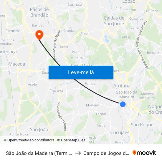 São João da Madeira (Terminal Rodoviário) to Campo de Jogos de Rio Meão map