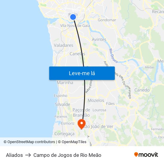 Aliados to Campo de Jogos de Rio Meão map