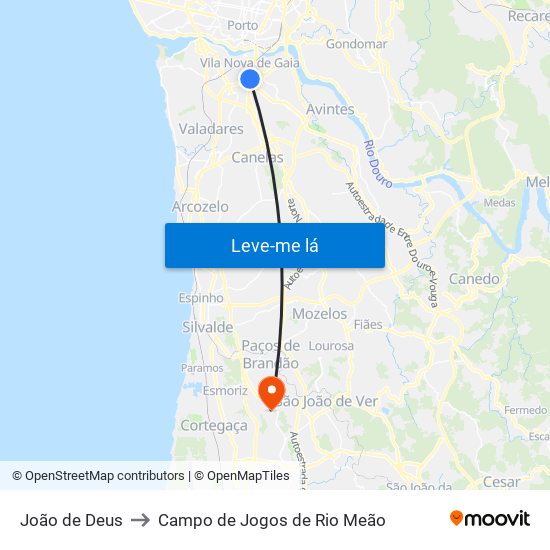 João de Deus to Campo de Jogos de Rio Meão map