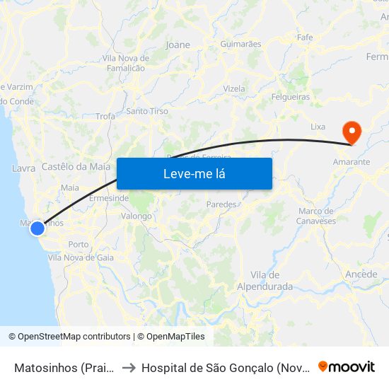 Matosinhos (Praia) to Hospital de São Gonçalo (Novo) map