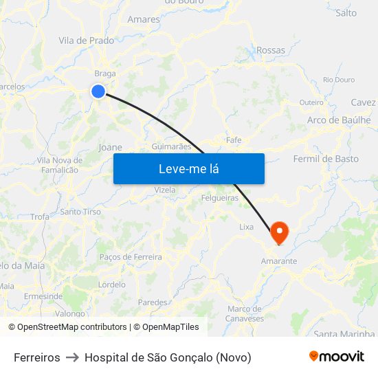 Ferreiros to Hospital de São Gonçalo (Novo) map