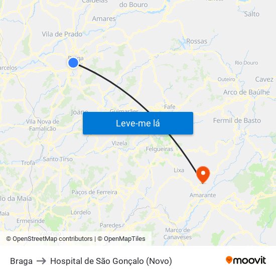 Braga to Hospital de São Gonçalo (Novo) map