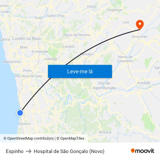 Espinho to Hospital de São Gonçalo (Novo) map