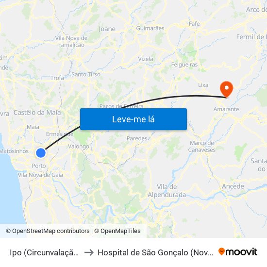 Ipo (Circunvalação) to Hospital de São Gonçalo (Novo) map