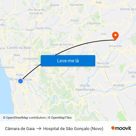 Câmara de Gaia to Hospital de São Gonçalo (Novo) map