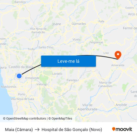 Maia (Câmara) to Hospital de São Gonçalo (Novo) map