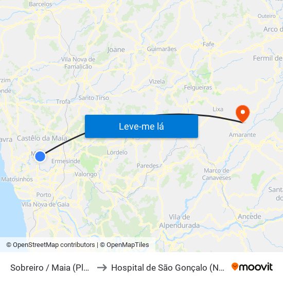 Sobreiro / Maia (Plaza) to Hospital de São Gonçalo (Novo) map