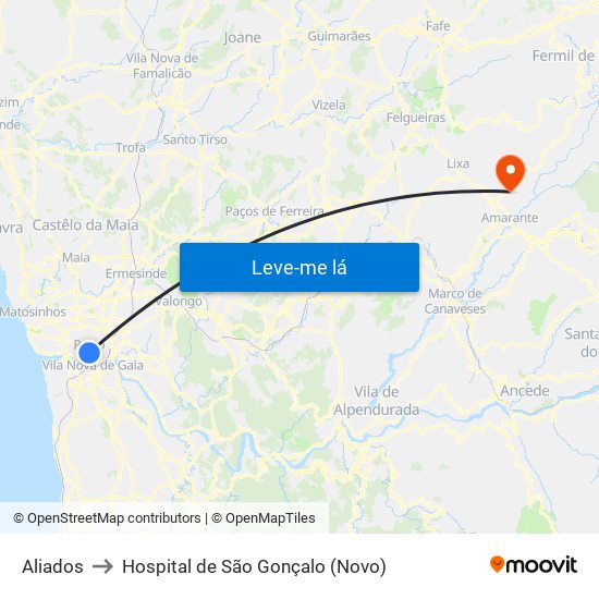 Aliados to Hospital de São Gonçalo (Novo) map
