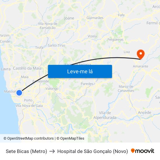 Sete Bicas (Metro) to Hospital de São Gonçalo (Novo) map