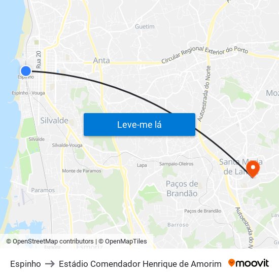 Espinho to Estádio Comendador Henrique de Amorim map