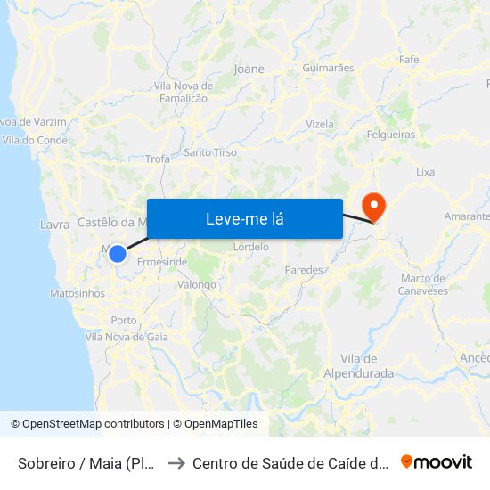 Sobreiro / Maia (Plaza) to Centro de Saúde de Caíde de Rei map