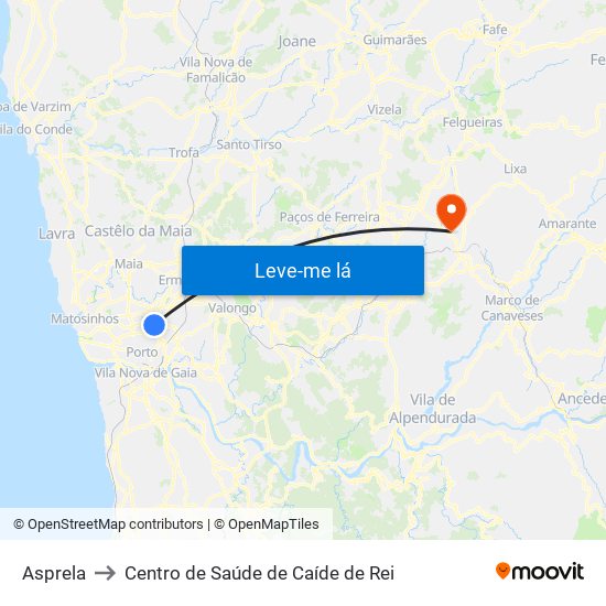 Asprela to Centro de Saúde de Caíde de Rei map