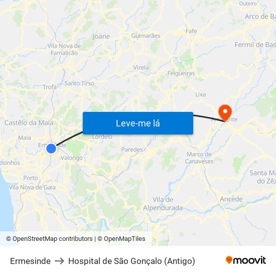 Ermesinde to Hospital de São Gonçalo (Antigo) map