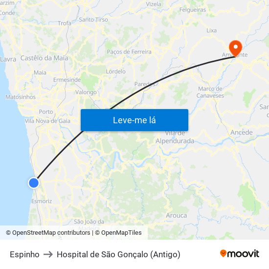 Espinho to Hospital de São Gonçalo (Antigo) map