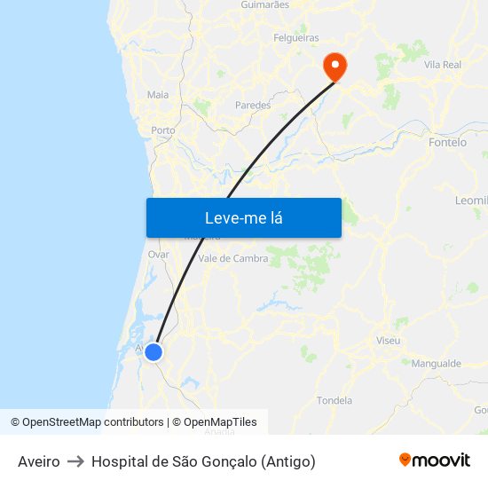 Aveiro to Hospital de São Gonçalo (Antigo) map