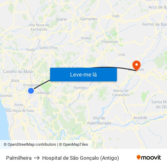 Palmilheira to Hospital de São Gonçalo (Antigo) map