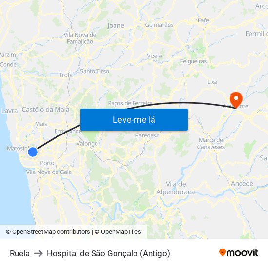 Ruela to Hospital de São Gonçalo (Antigo) map