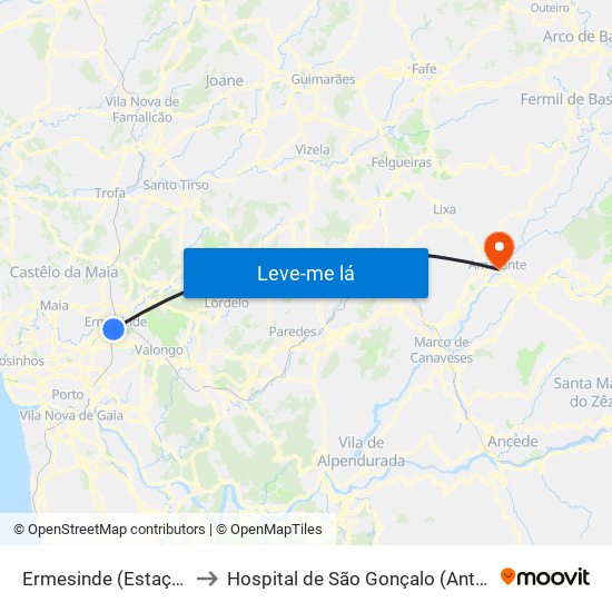 Ermesinde (Estação) to Hospital de São Gonçalo (Antigo) map