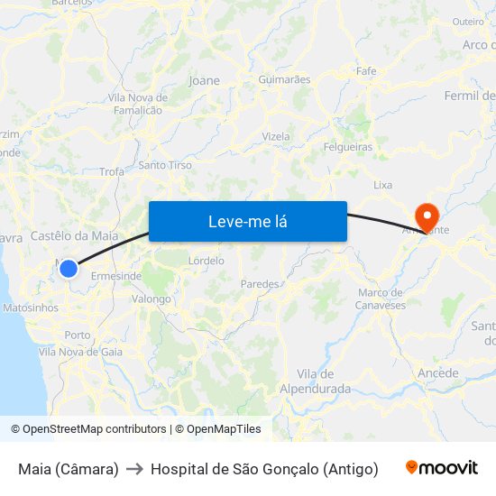 Maia (Câmara) to Hospital de São Gonçalo (Antigo) map