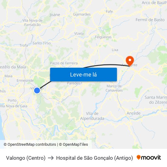 Valongo (Centro) to Hospital de São Gonçalo (Antigo) map