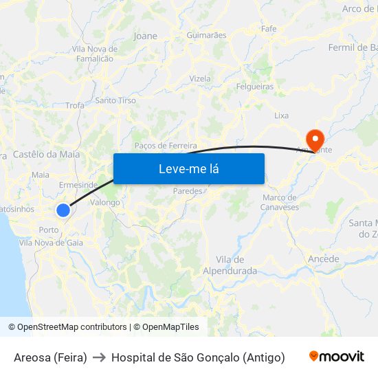 Areosa (Feira) to Hospital de São Gonçalo (Antigo) map