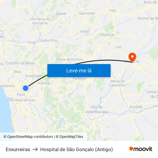 Enxurreiras to Hospital de São Gonçalo (Antigo) map