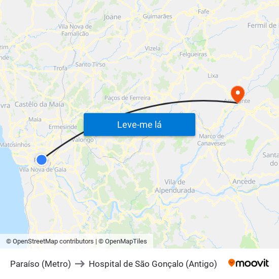 Paraíso (Metro) to Hospital de São Gonçalo (Antigo) map
