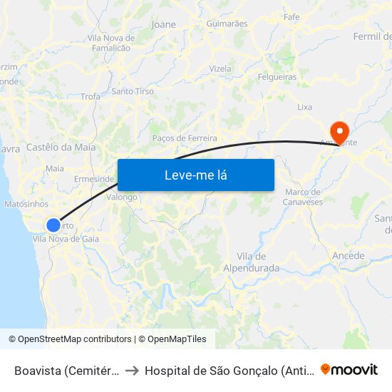 Boavista (Cemitério) to Hospital de São Gonçalo (Antigo) map