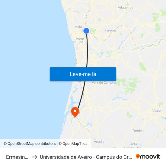 Ermesinde to Universidade de Aveiro - Campus do Crasto map