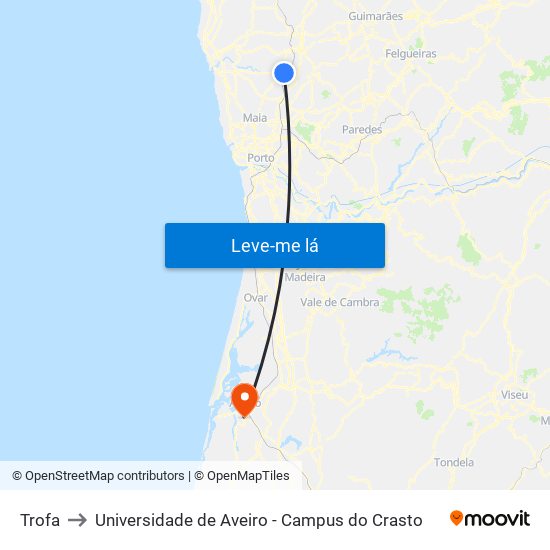 Trofa to Universidade de Aveiro - Campus do Crasto map