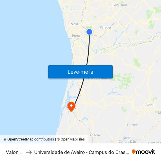 Valongo to Universidade de Aveiro - Campus do Crasto map