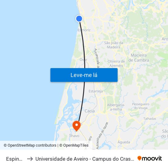 Espinho to Universidade de Aveiro - Campus do Crasto map