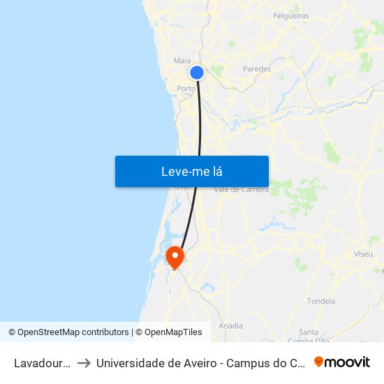 Lavadouros to Universidade de Aveiro - Campus do Crasto map