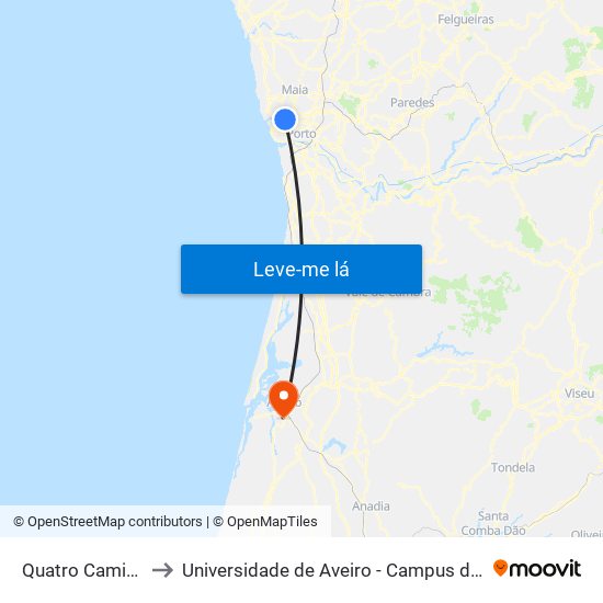 Quatro Caminhos to Universidade de Aveiro - Campus do Crasto map