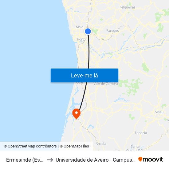 Ermesinde (Estação) to Universidade de Aveiro - Campus do Crasto map