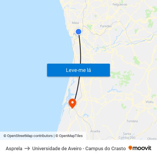 Asprela to Universidade de Aveiro - Campus do Crasto map