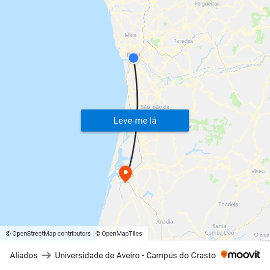 Aliados to Universidade de Aveiro - Campus do Crasto map