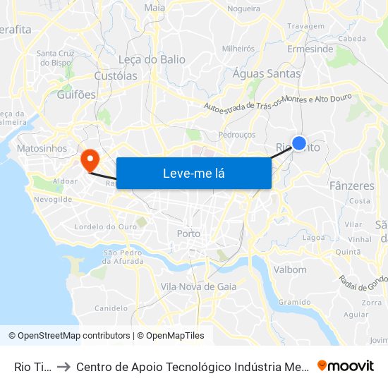 Rio Tinto to Centro de Apoio Tecnológico Indústria Metalomecânica map