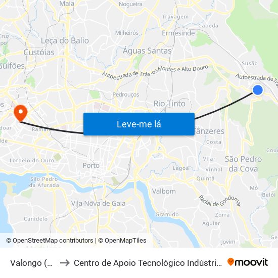 Valongo (Centro) to Centro de Apoio Tecnológico Indústria Metalomecânica map