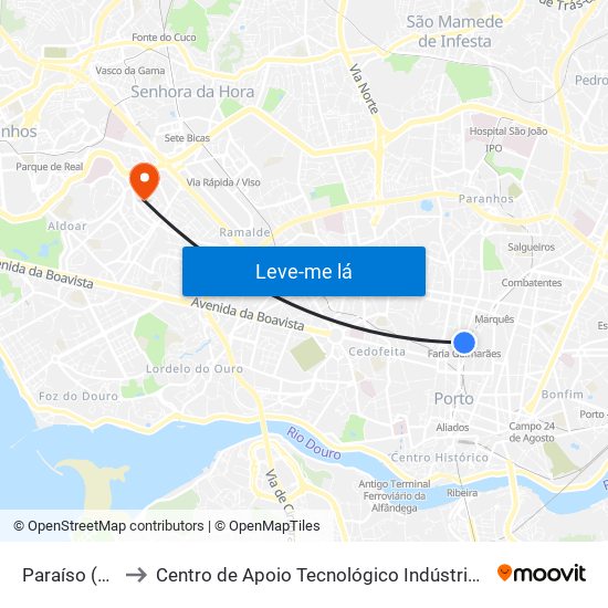 Paraíso (Metro) to Centro de Apoio Tecnológico Indústria Metalomecânica map