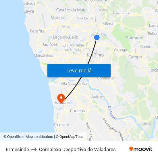 Ermesinde to Complexo Desportivo de Valadares map